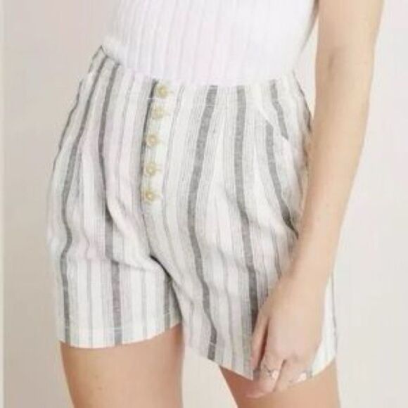 Anthropologie Beachgoer Linen Cotton Shorts in Green White Stripes Size 2 - Picture 2 of 8